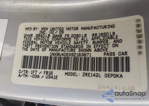 2009 Toyota Corolla Le z USA, uszkodzony, nr VIN 1NXBU40EX9Z163871